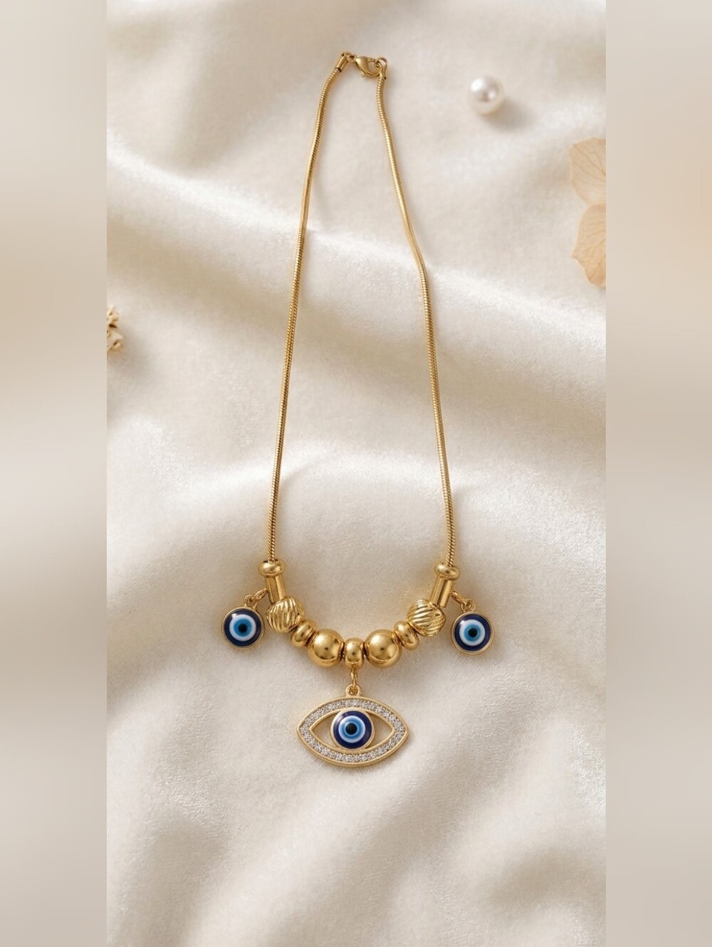 Gold Evil Eye Rhinestone Pendant Snake Chain Necklace